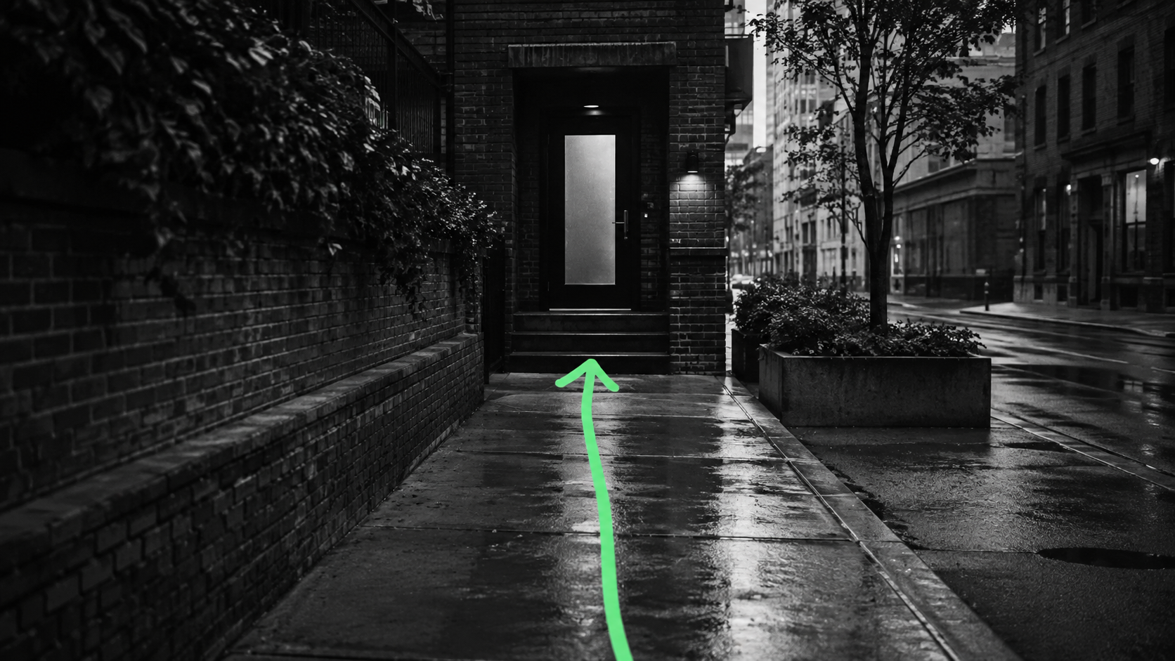 Editorial illustration of a sidewalk route leading to an office entrance