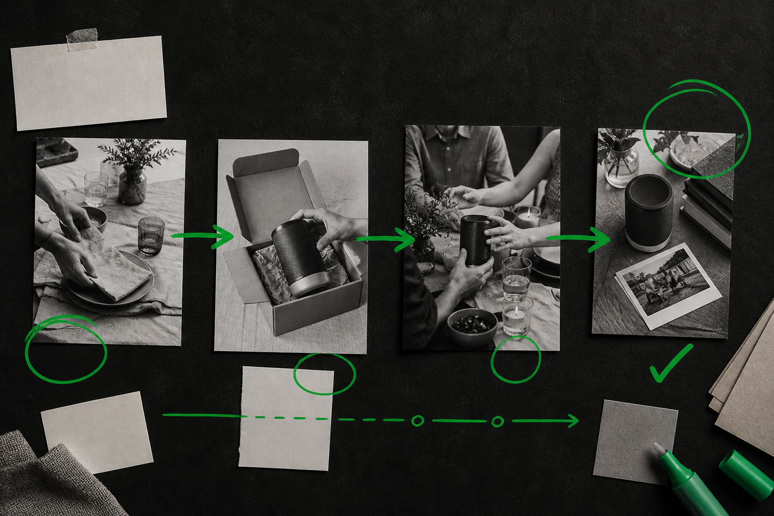 Lifestyle video sequence moving from setup to product reveal, participation, and memory